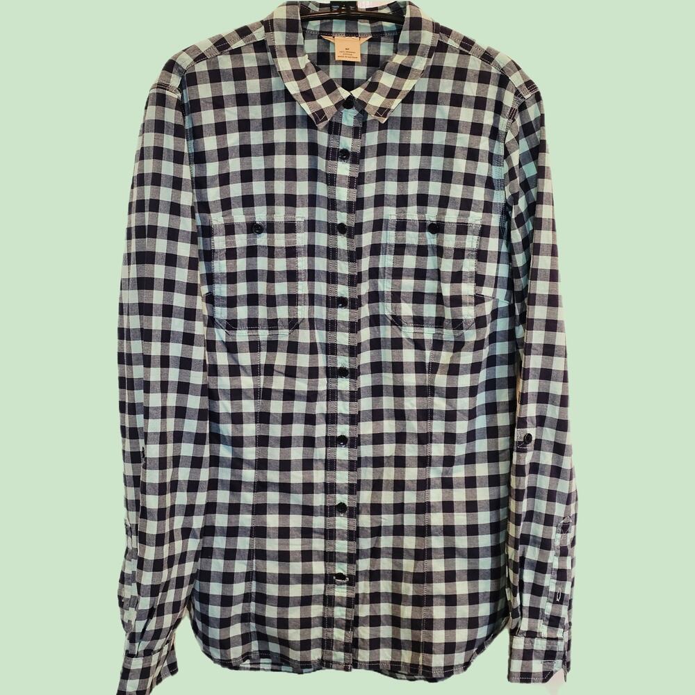 Duluth Trading Women's Gingham Check Long Sleeve Shirt Tabbed Sleeves M Cotton